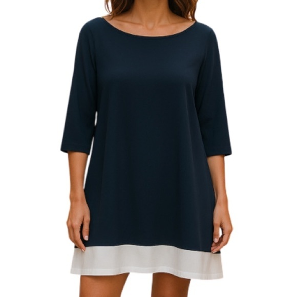TAHARI Midnight Navy Blue Midi Shift Dress Bateau Neck White Trim 3/4 Sleeves L - Picture 1 of 11